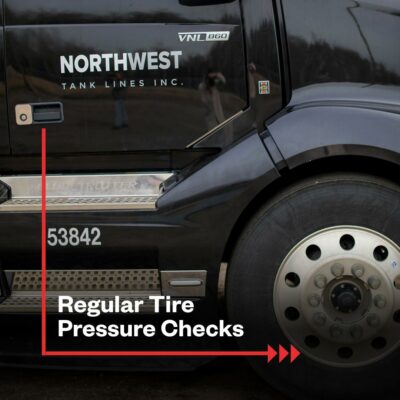 A black truck highlighting the words ‘Regular tire pressure checks for commercial truck tire pressure.